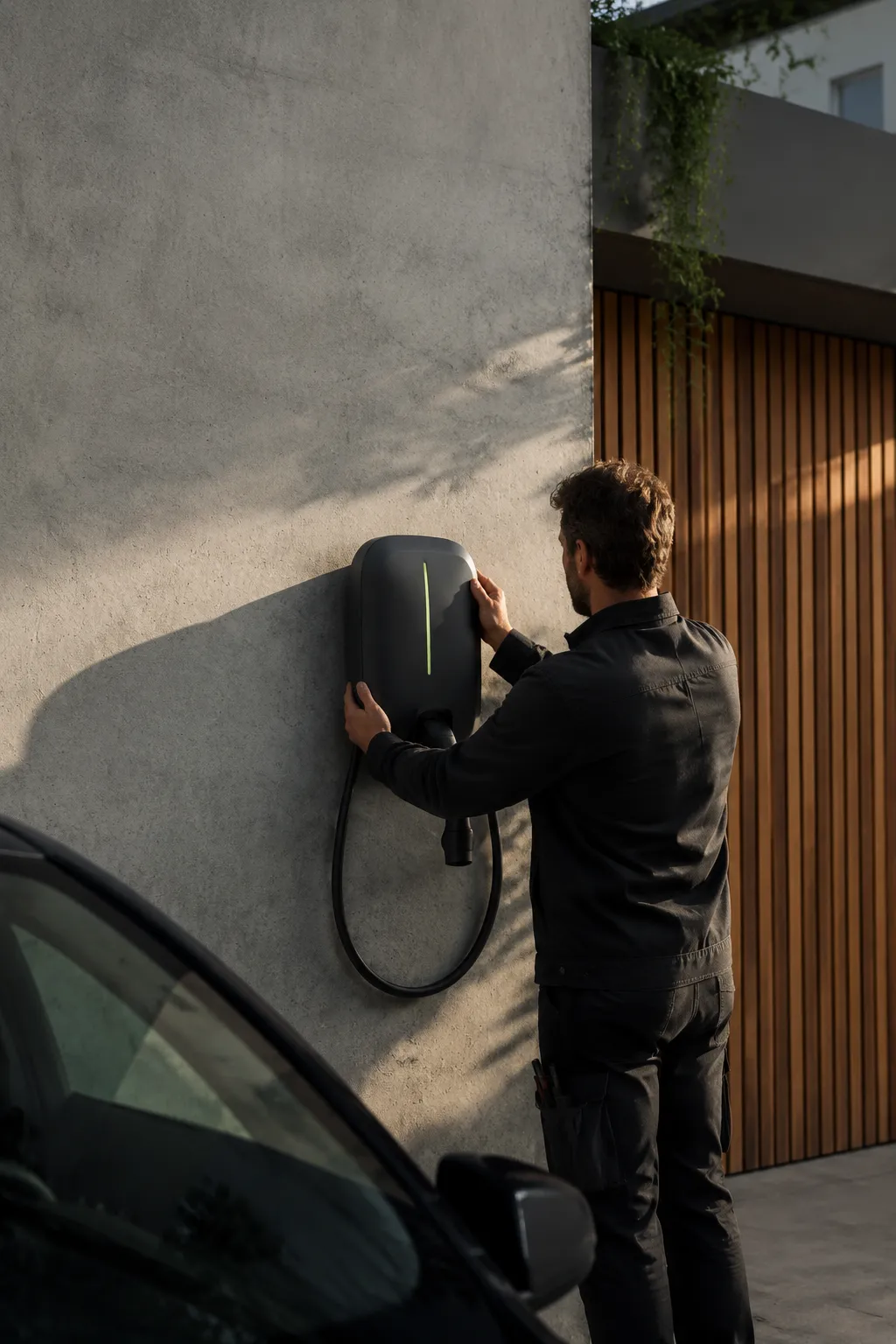Hero — energy specialist beside a home EV charger, Melbourne residential