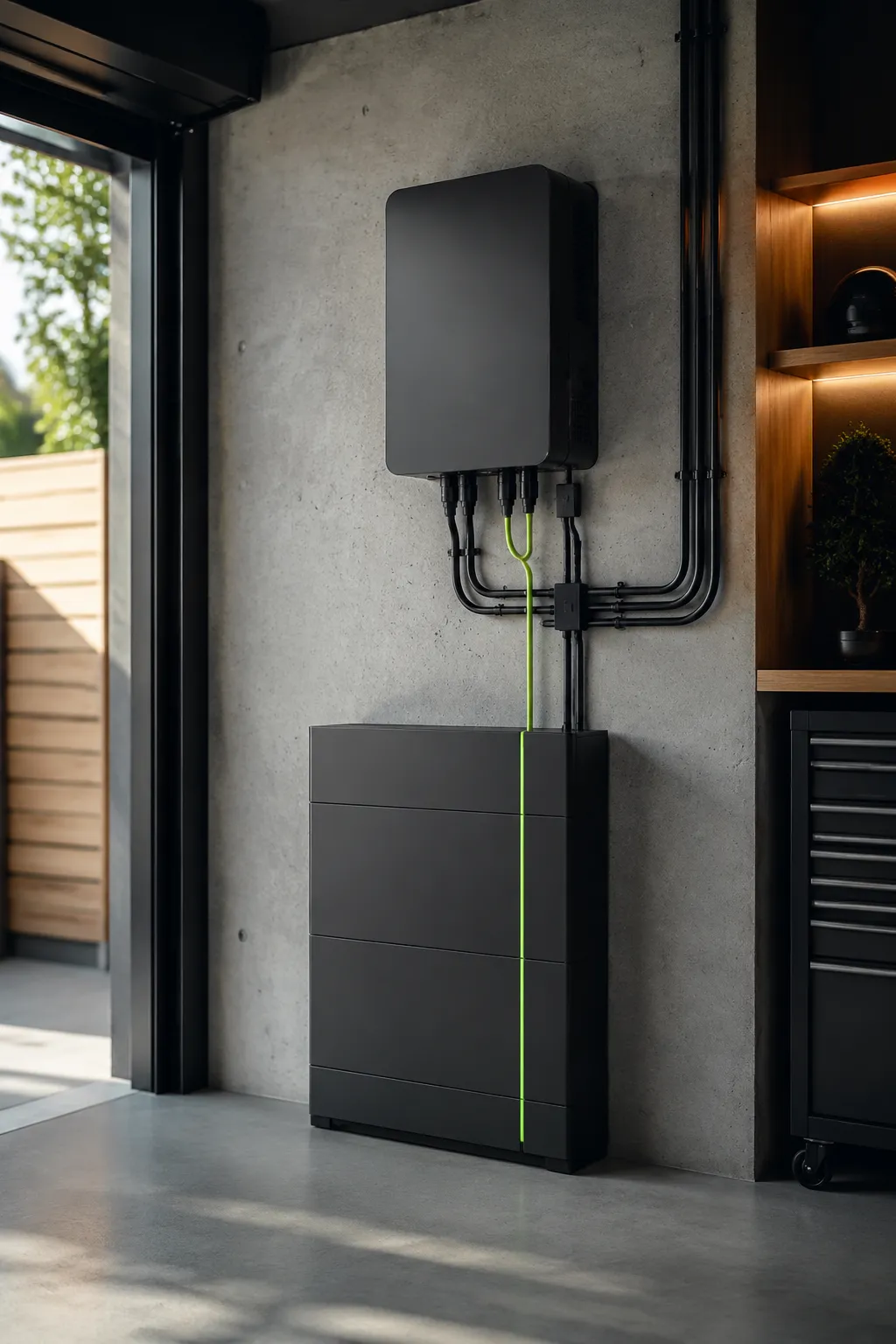 Wall-mounted home battery and inverter installation in a garage utility space