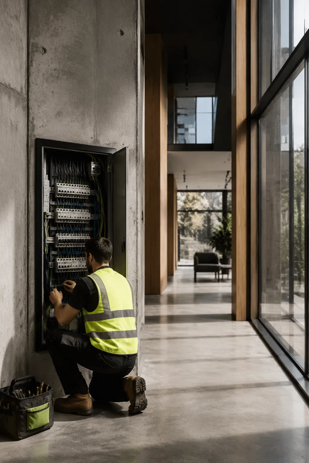 Electrician working on a commercial distribution board in a modern fit-out