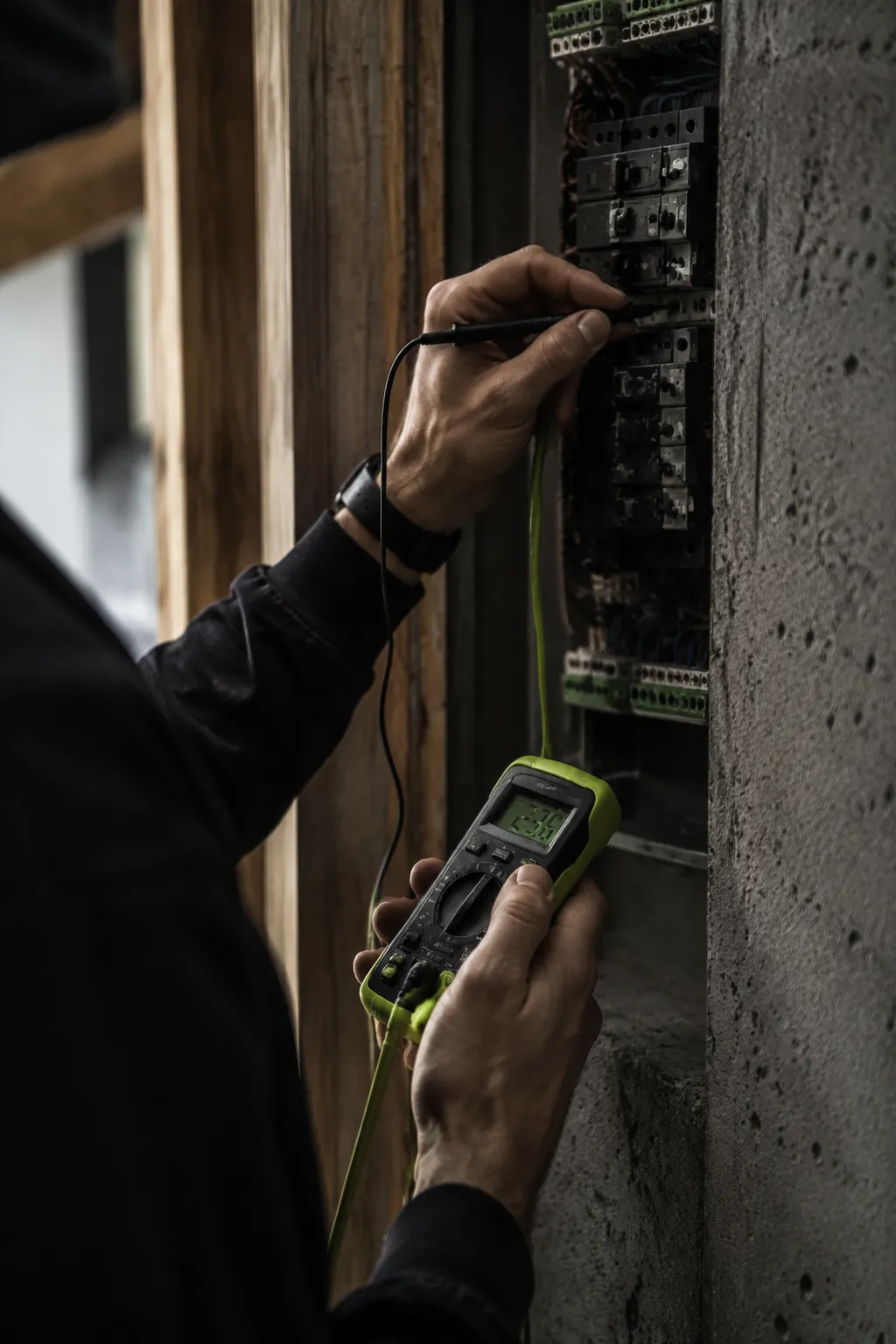 Electrician testing circuits with a multimeter during a maintenance visit