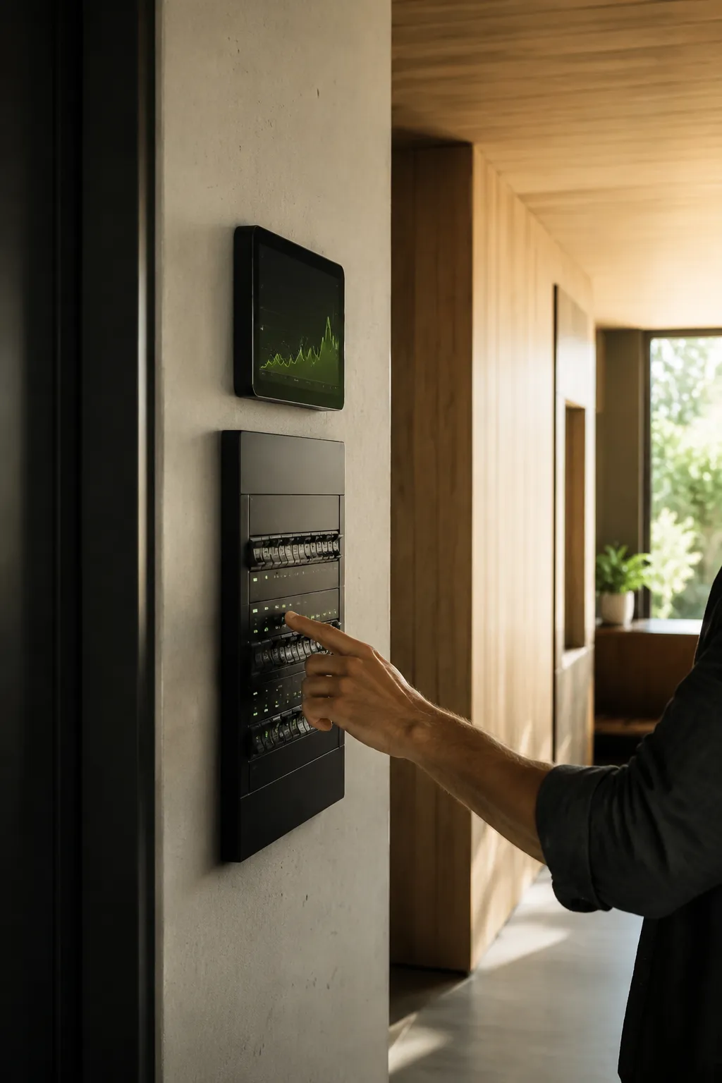Energy monitoring panel and smart switchboard in a contemporary home