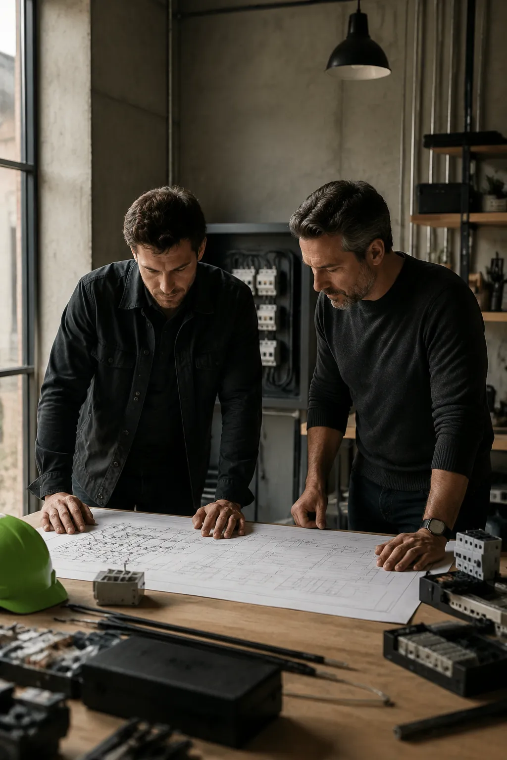 About — two Voltline team members reviewing system plans